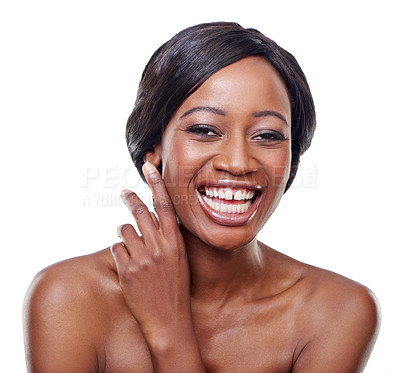 Buy stock photo Skincare, smile and portrait of black woman in studio for dermatology, cosmetology or facial treatment with white background. Beauty, wellness and model for healthy skin, makeup or natural glow