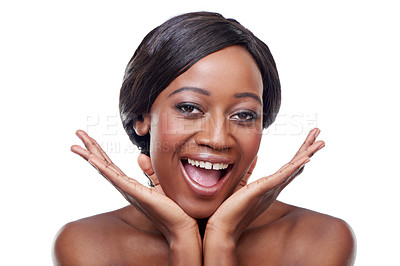 Buy stock photo Skincare, wow and portrait of black woman in studio for dermatology, cosmetology or facial treatment with white background. Beauty, wellness and model for healthy skin, makeup or natural glow