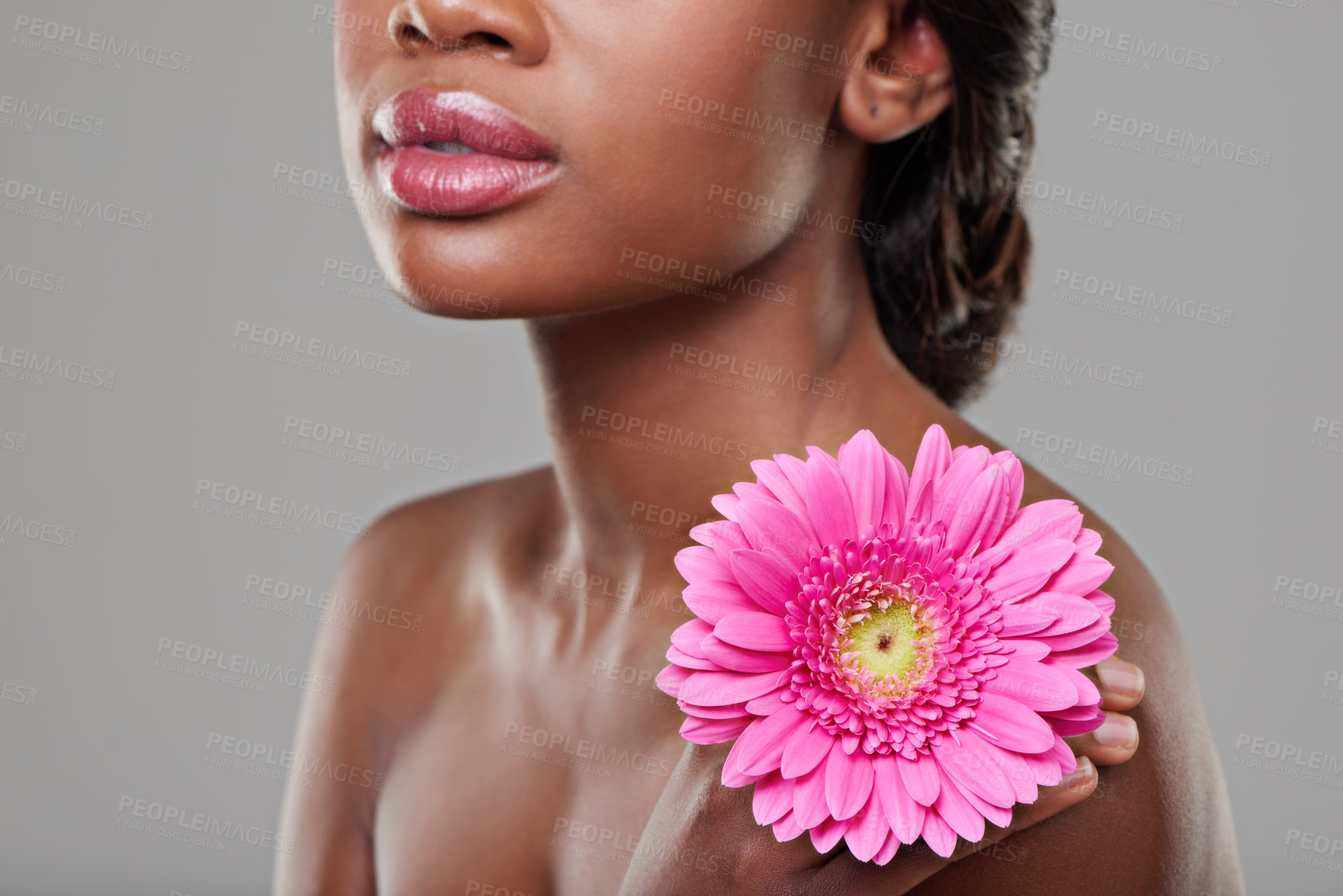 Buy stock photo Woman, skincare and flower in studio with beauty for results, organic cosmetics and change by grey background. Girl, model and person with pink daisy for transformation, wellness and natural glow