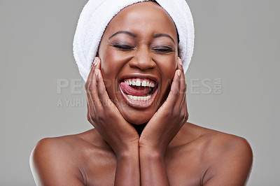 Buy stock photo Hands, silly or tongue out of black woman for beauty, skin care or cosmetics with eyes closed isolated on gray background. Female person, funny face or closeup of lady for cleansing, spa or treatment