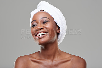 Buy stock photo Black woman, skincare and smile with dermatology, beauty and wellness on white studio background. Glow, African person and model with healthy skin and spa treatment with makeup, smile and aesthetic