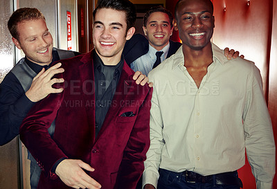 Buy stock photo Laughing, nightclub and party with men walking into venue for start of music event. Confident, social and diversity with group of happy men clubbing together for bonding or birthday celebration