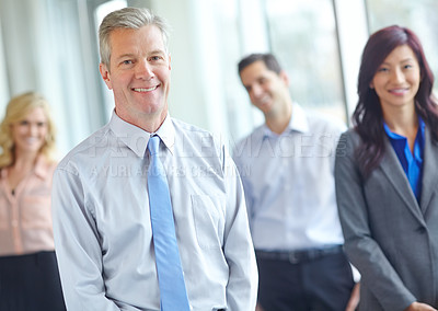 Buy stock photo Business people, portrait and team solidarity in workplace, leadership and mature man for management. Staff, collaboration and group for professional unity, support and diversity in accounting firm