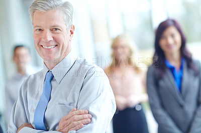 Buy stock photo Mature man, portrait and arms crossed in office, leadership and confidence in team solidarity. Male person, collaboration and group for professional unity, support and manager in accounting firm