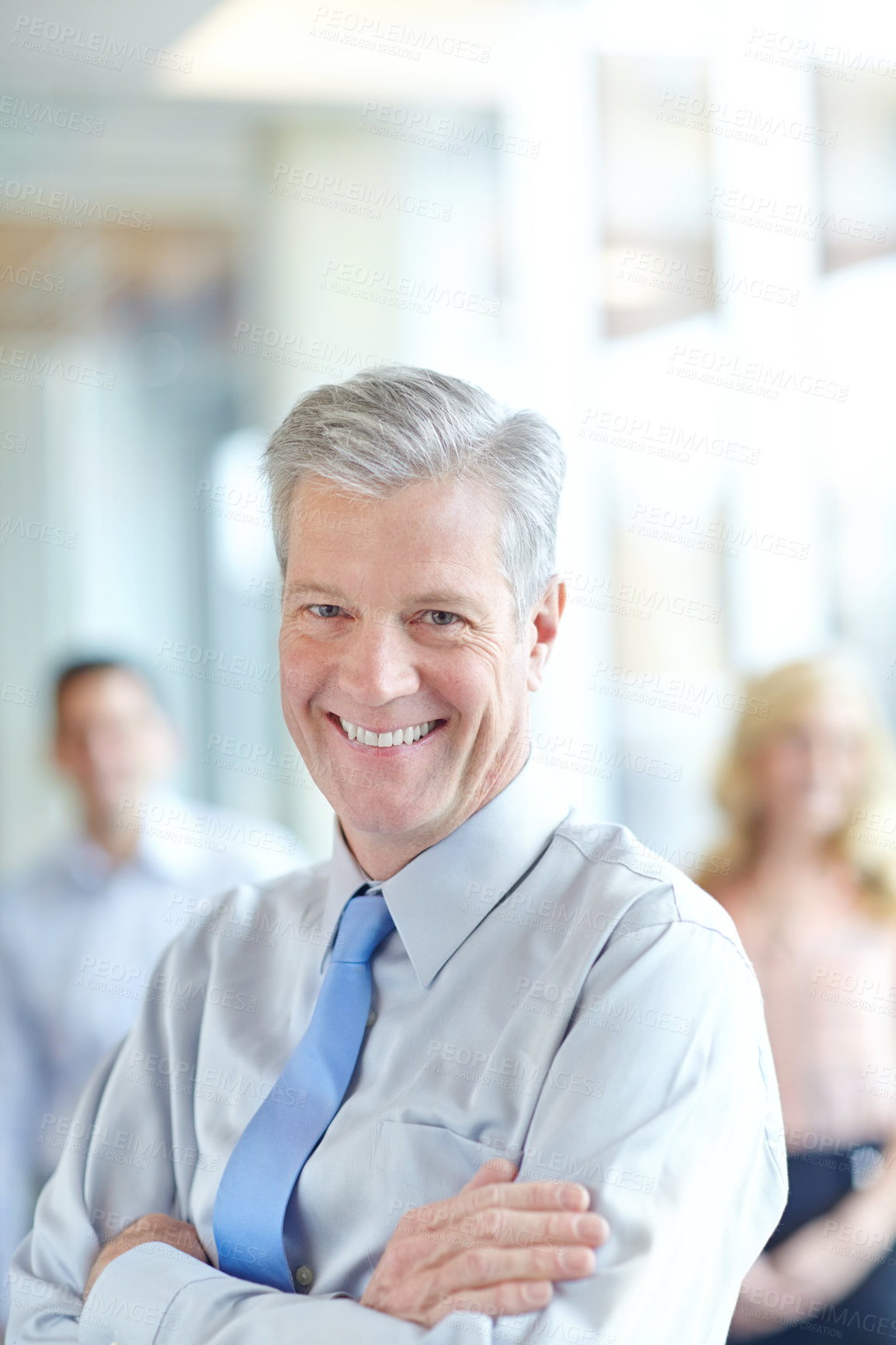 Buy stock photo Mature man, portrait and CEO arms crossed in office, leader and confidence in team solidarity. Male person, collaboration and group for professional unity, support and manager in accounting firm