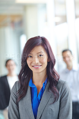 Buy stock photo Asian businesswoman, portrait and pride in office, leadership and confidence in team solidarity. Female person, collaboration and group for professional unity, support and manager in accounting firm