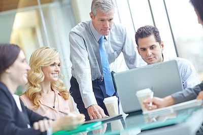 Buy stock photo Business, people and happy at boardroom with laptop on teamwork or collaboration as accountants. Office, employees and smile for report or feedback on company financial statement and planning 