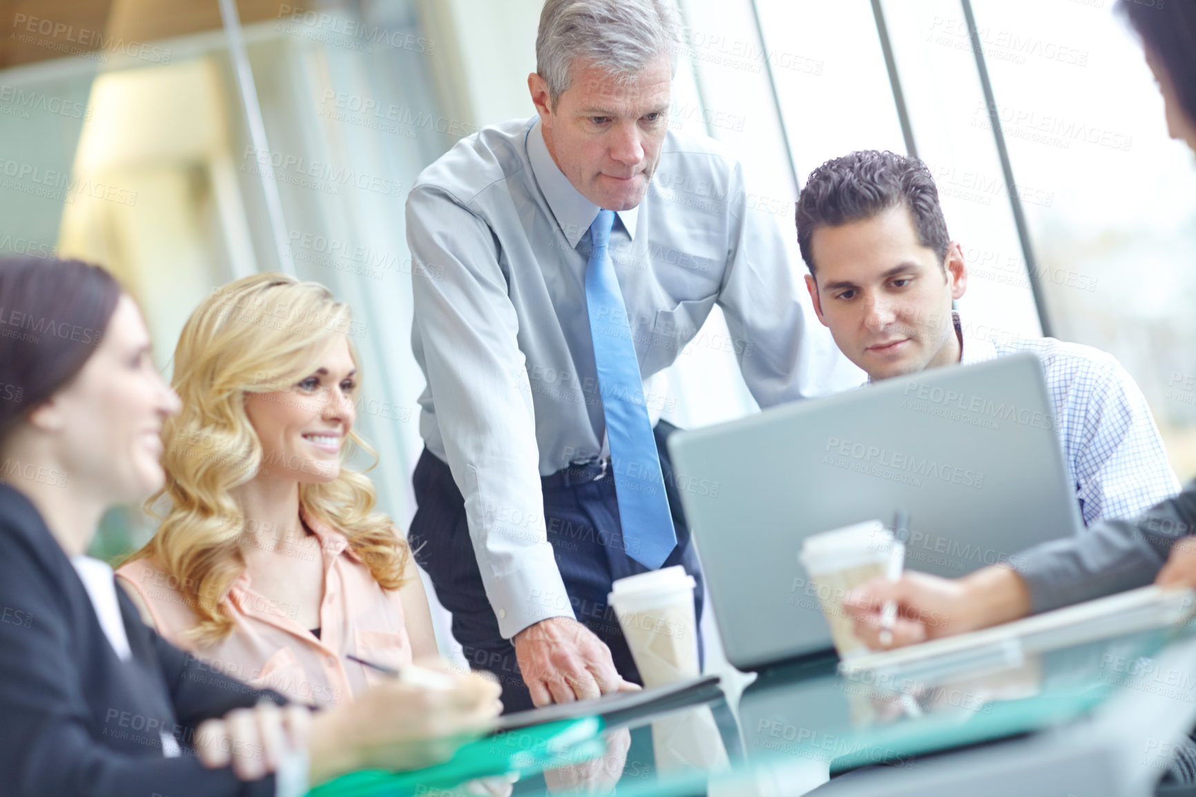 Buy stock photo Business, people and happy at boardroom with laptop on teamwork or collaboration as accountants. Office, employees and smile for report or feedback on company financial statement and planning 