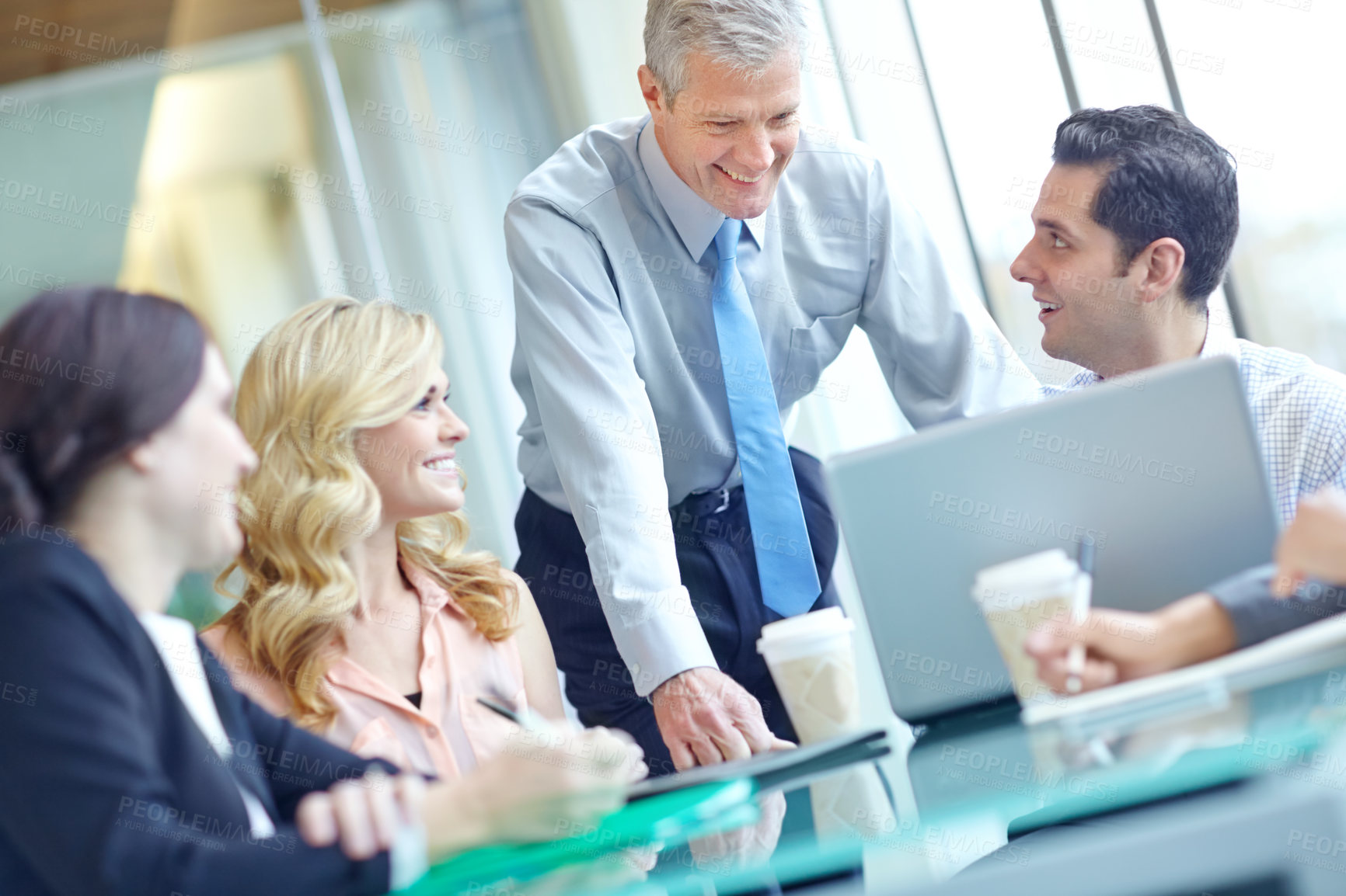 Buy stock photo Business, people and smile at boardroom with laptop on teamwork or collaboration as accountants. Office, employees and happy for report or feedback on company financial statement and planning 