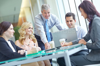 Buy stock photo Business people, group and computer for meeting together, project management and planning in office. Portrait, laptop and hr team for hiring discussion, candidate screening and recruitment strategy