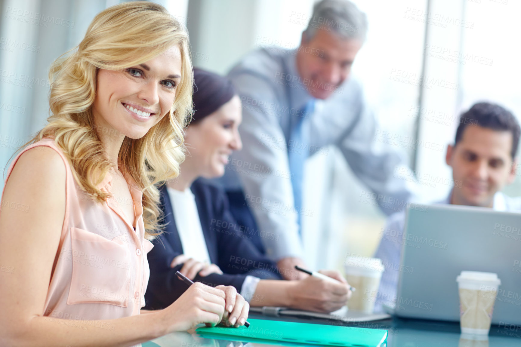 Buy stock photo Business, woman and happy at boardroom on portrait with confidence for company growth as accountant. Female person, smile and proud as entrepreneur in meeting for strategy, planning and project