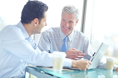 Buy stock photo Business people, laptop and team for brainstorming meeting, planning and recruitment evaluation. Male hr employees, computer and hiring discussion in office for cv review, company growth and teamwork