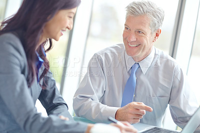 Buy stock photo Business, employees and happy at office with laptop on teamwork or collaboration as accountants. Boardroom, people and strategy for report or feedback on company financial statement and planning