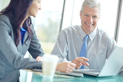 Buy stock photo Laptop, meeting and portrait of mature businessman in boardroom of office with colleague for planning. Computer, management and teamwork with employee people in workplace for admin or collaboration