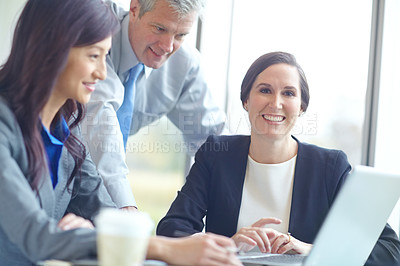 Buy stock photo Portrait, woman and attorney with laptop at office in communication, networking and connection. Business people, tech and discussion in law firm, company and legal consultant in group for research