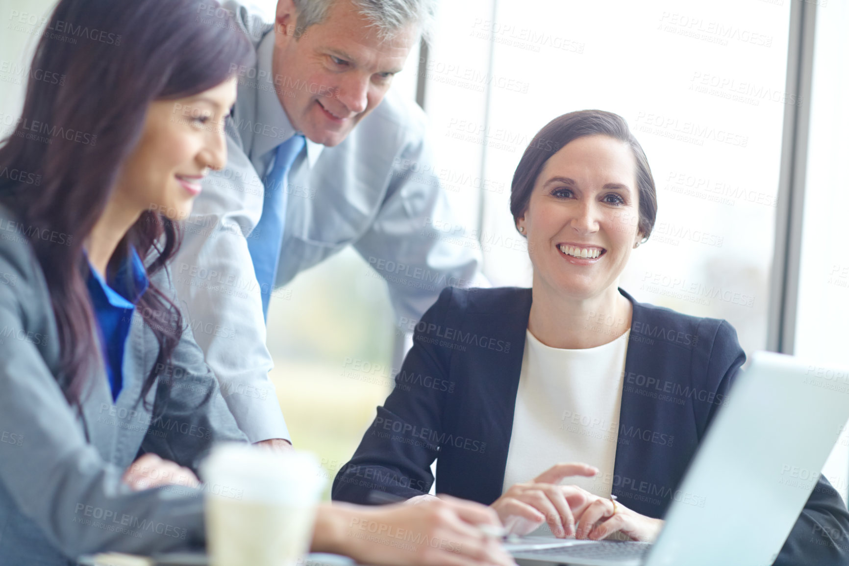 Buy stock photo Portrait, woman and attorney with laptop at office in communication, networking and connection. Business people, tech and discussion in law firm, company and legal consultant in group for research