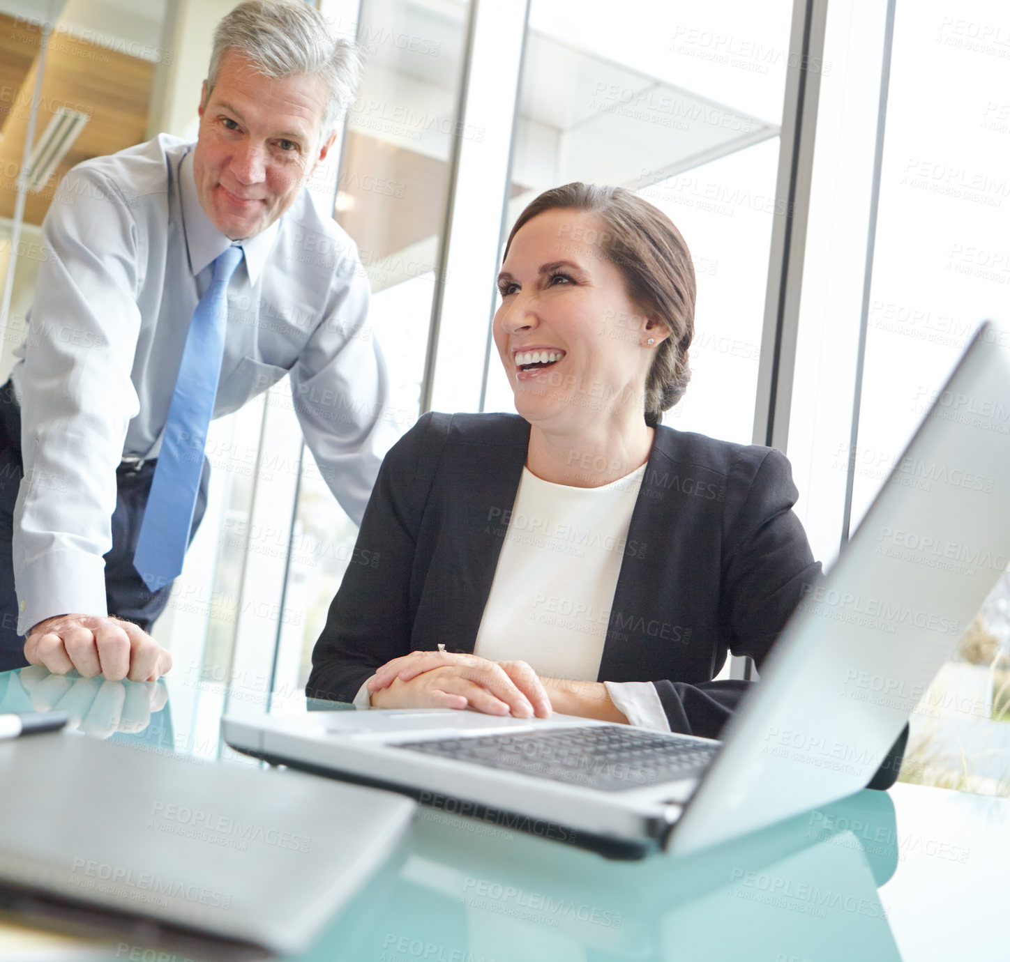 Buy stock photo Woman, man and portrait with laptop for meeting, company and consulting as legal representative team. Business people, lawyer and tech at office for communication, networking or digital in connection