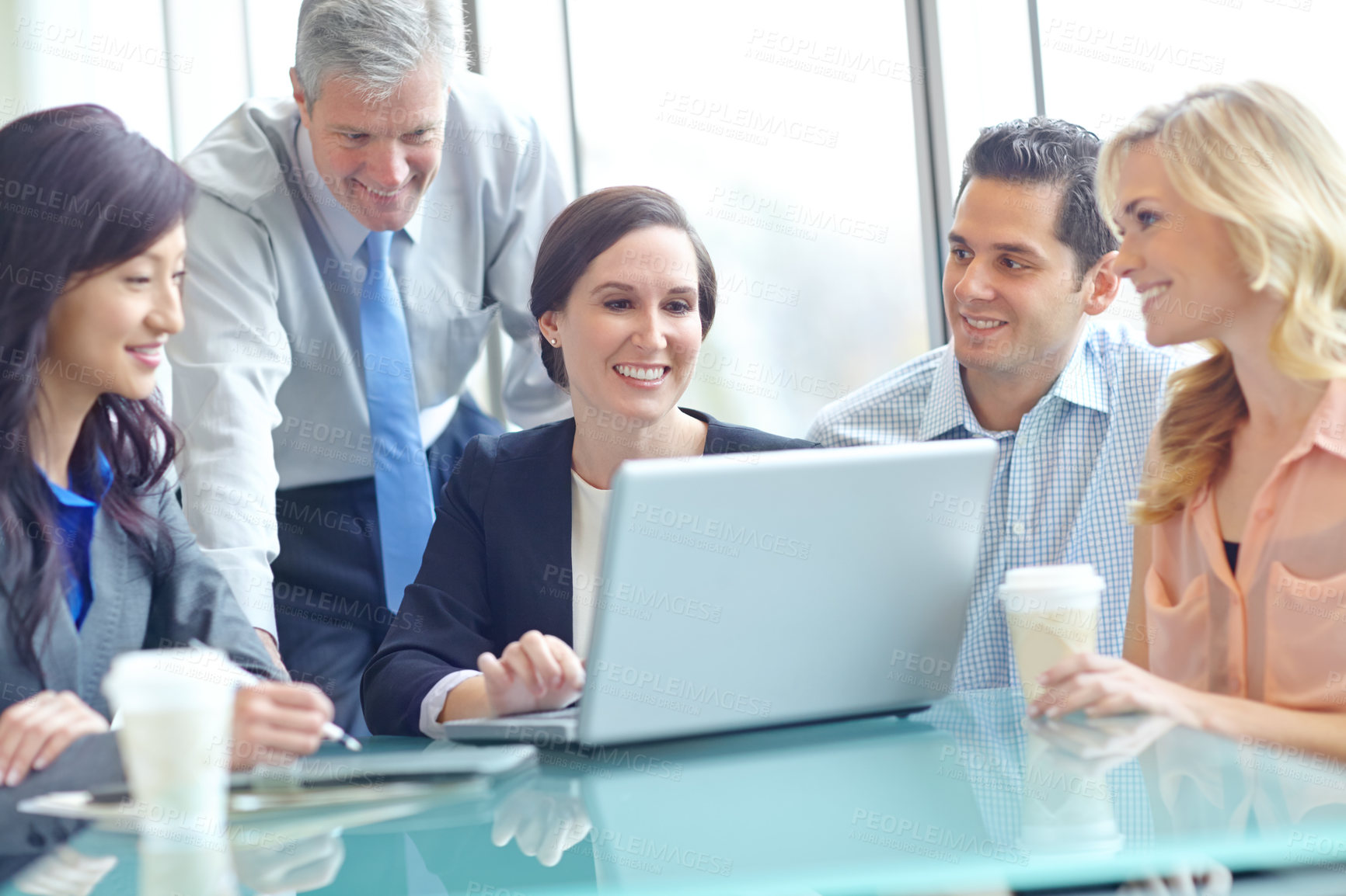 Buy stock photo Business, employees and smile at boardroom with laptop on teamwork or collaboration as accountants. Office, people and strategy for report or feedback on company financial statement and planning