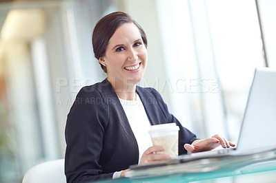 Buy stock photo Smile, laptop and portrait of businesswoman in office with online research for profit evaluation. Happy, coffee and economist work on report for company revenue policy with supply chain distribution.