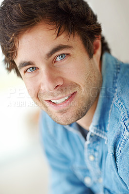 Buy stock photo Portrait, relax and smile with teeth of man in home for dental care, oral hygiene or tooth whitening. Dentistry, mouth and veneers with person in apartment for orthodontic results of caps or crowns