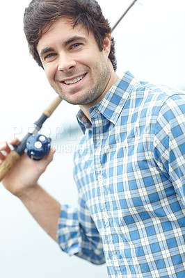 Buy stock photo Portrait, smile and man with fishing rod at lake for vacation, holiday and travel in nature by river. Fisherman, water and male person with pole or equipment outdoor as angler for hobby in California