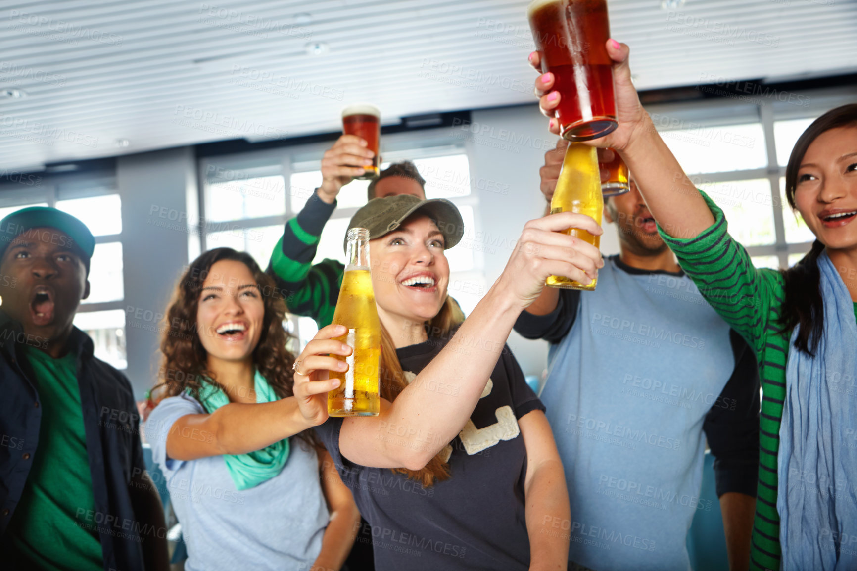 Buy stock photo Pub, sports and friends cheers with beer watching soccer match with happiness for winning goal. Supporters, alcohol and fans streaming broadcast television of football game for league in bar.