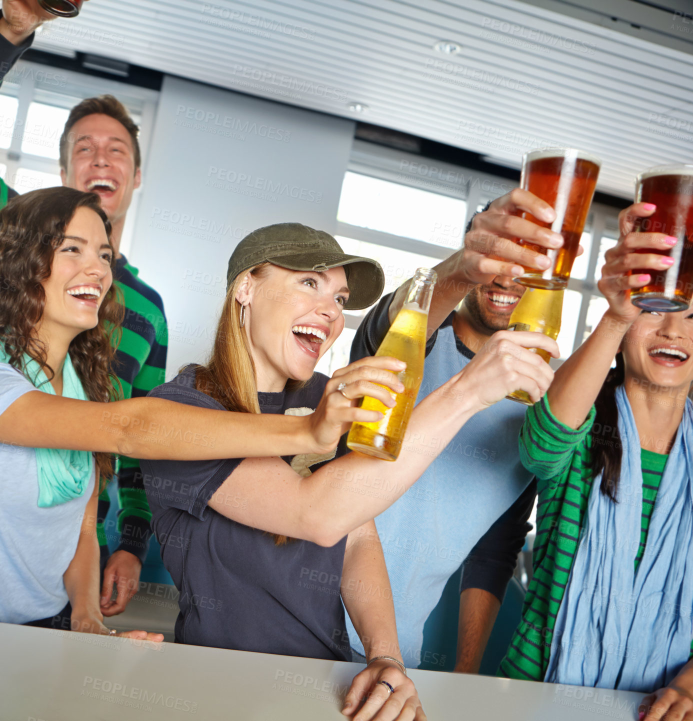 Buy stock photo Pub, sports and people cheers with beer watching soccer match with happiness for winning goal. Supporters, alcohol and friends streaming broadcast television of football game for league in bar.