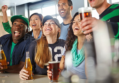 Buy stock photo Pub, football and group of friends with beer watching sports match with happiness for winning goal. Supporters, alcohol and fans streaming broadcast television of soccer game for league in bar.