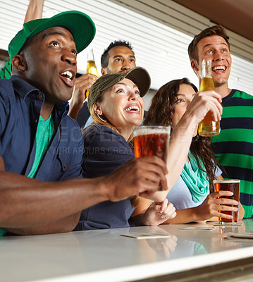 Buy stock photo Pub, sports and group of excited friends with beer watching soccer match with happiness for winning goal. Support, alcohol and fans streaming broadcast television of football game for league in bar.