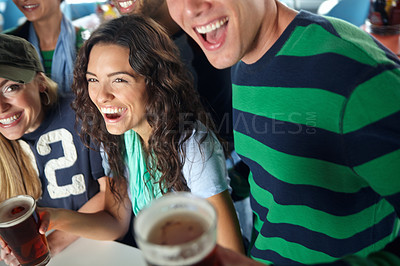 Buy stock photo Fans, happy hour or friends in pub with beer, team or social celebration of football competition together. Crowd, soccer game or excited people in bar for party event, alcohol or support at diner