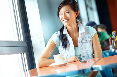 Buy stock photo Thinking, coffee and woman in cafe, smile and girl with hot beverage in morning, window and customer. Diner, contemplating and person with drink for break, happy or tea cup for consumer in restaurant