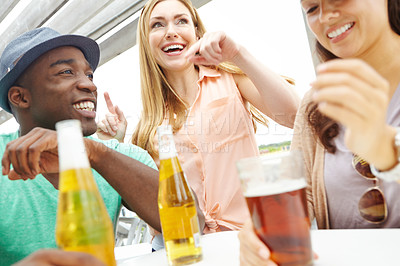 Buy stock photo Beer, funny and group of friends at pub together for hang our, reunion or social gathering. Alcohol, drinking or happy with men and women at bar or restaurant for bonding, conversation or joking