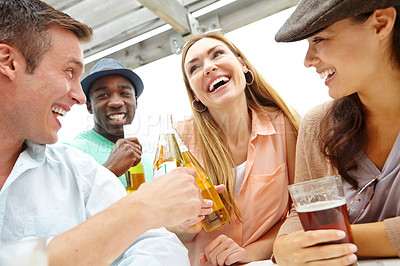 Buy stock photo Beer, funny and group of people at pub together for hang out, reunion or social gathering. Alcohol, friends or smile with men and women laughing at restaurant for bonding, conversation or joking