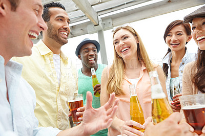 Buy stock photo Beers, people and friends in restaurant, conversation and bonding together with reunion. Group, alcohol and friend service with men, women and break with humor, chatting and happy hour with joke