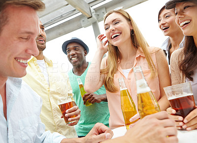 Buy stock photo Beers, people and friends in restaurant, smile and bonding together with conversation. Group, alcohol and service with men, women and joke with joy, chatting and happy hour with break and laughing