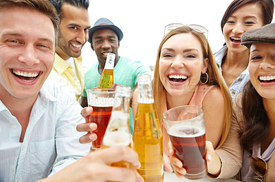 Buy stock photo Beer, cheers and friends together for celebration, milestone or social gathering at outdoor pub. Alcohol, glass and toast with group of people with beverage in bar for party or bonding with portrait