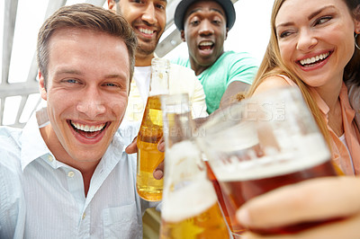 Buy stock photo Closeup portrait of a group of friends enjoying drinks together