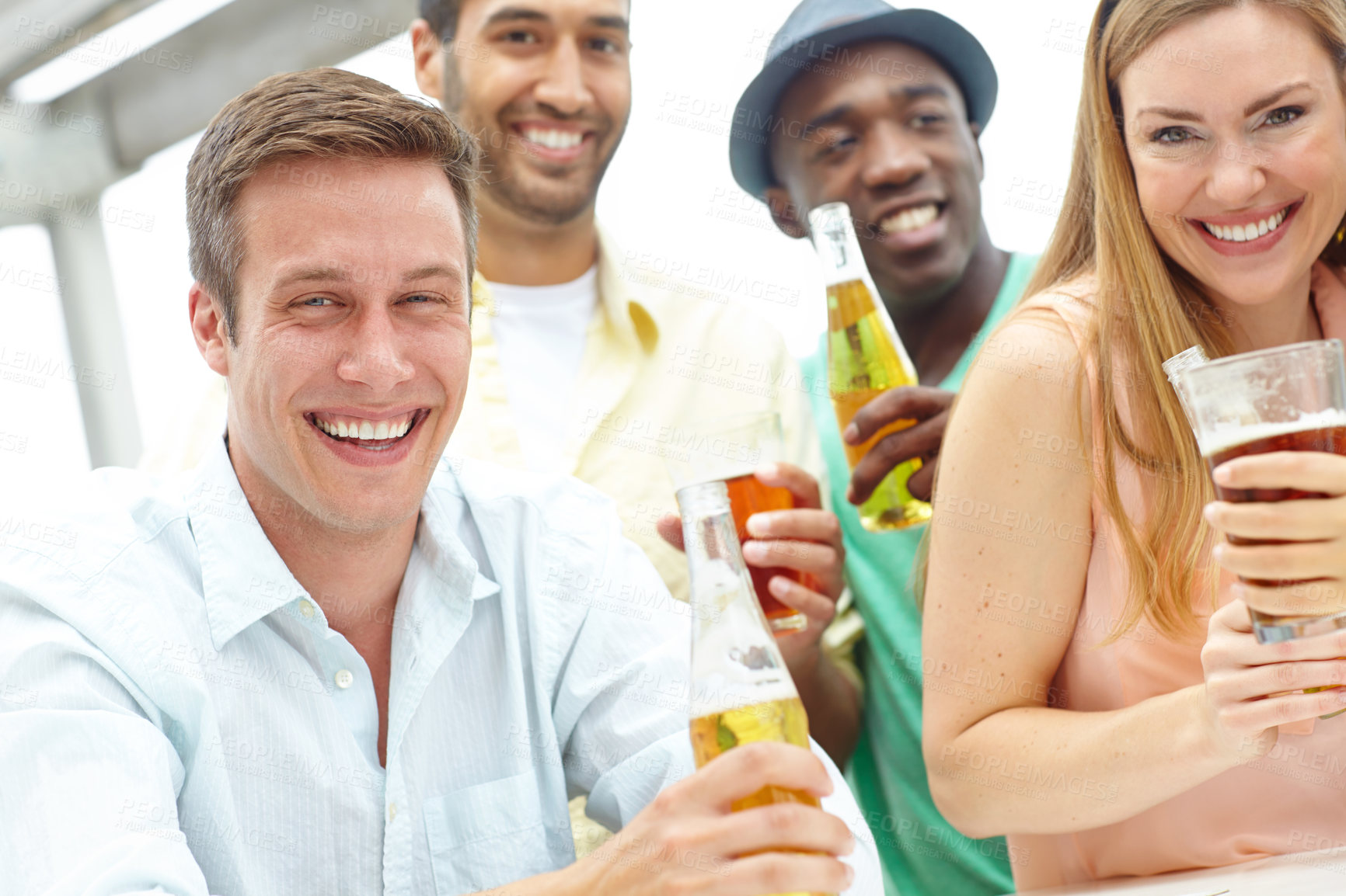 Buy stock photo Beer, excited or portrait of friends in party for celebration, break or social gathering at outdoor pub. Holiday, fun or group of people laughing in restaurant or bar for memory or bonding with smile