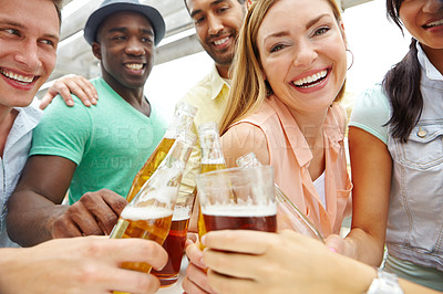 Buy stock photo Closeup portrait of a group of friends enjoying drinks at an outdoors restaurant