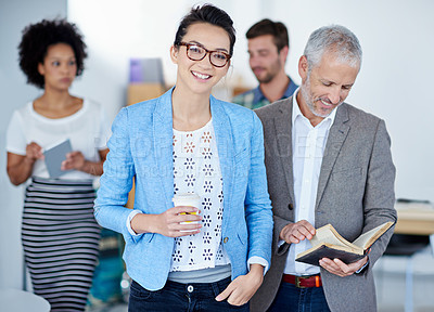 Buy stock photo Teamwork, happy and portrait of woman in office for business, meeting and planning. Collaboration, smile and manager with ceo and notebook in workplace for project, research and working together