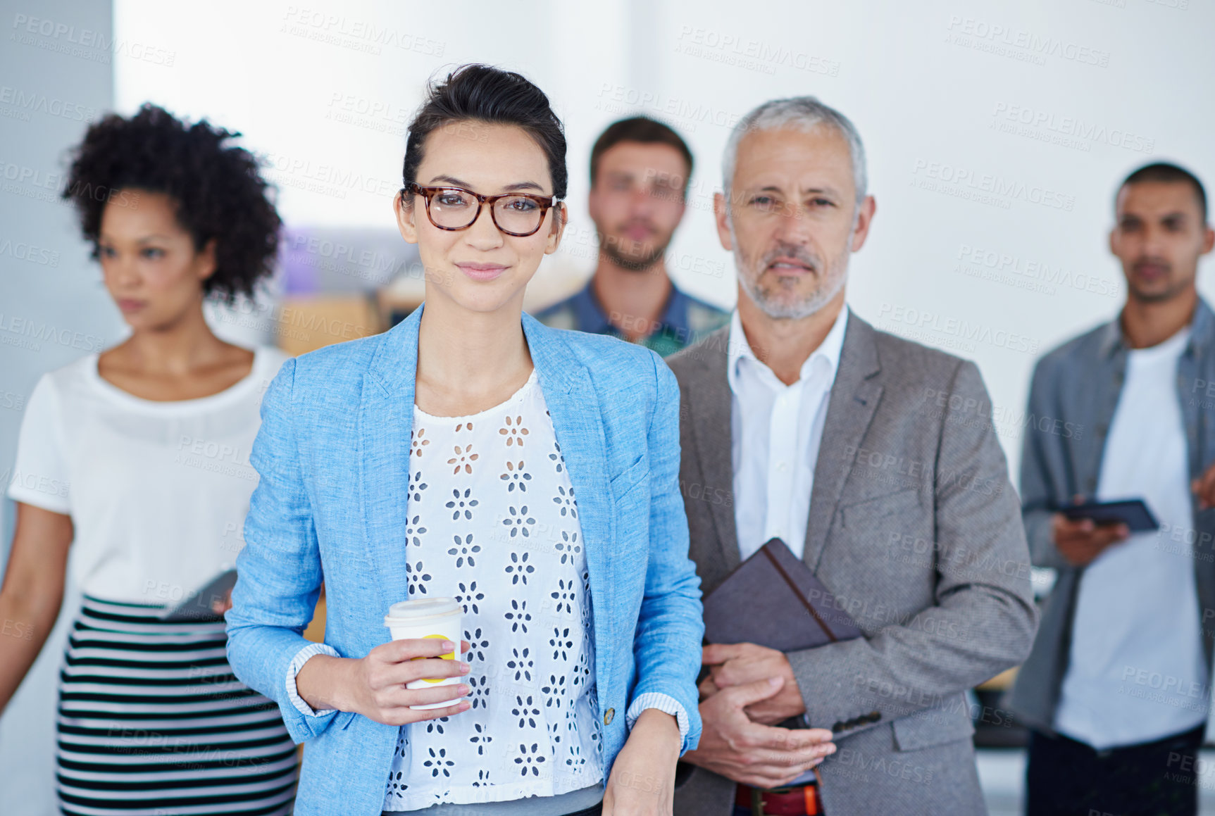 Buy stock photo Teamwork, portrait and business people in office for company, meeting and planning. Collaboration, smile and manager with ceo and group in workplace for development, research and working together