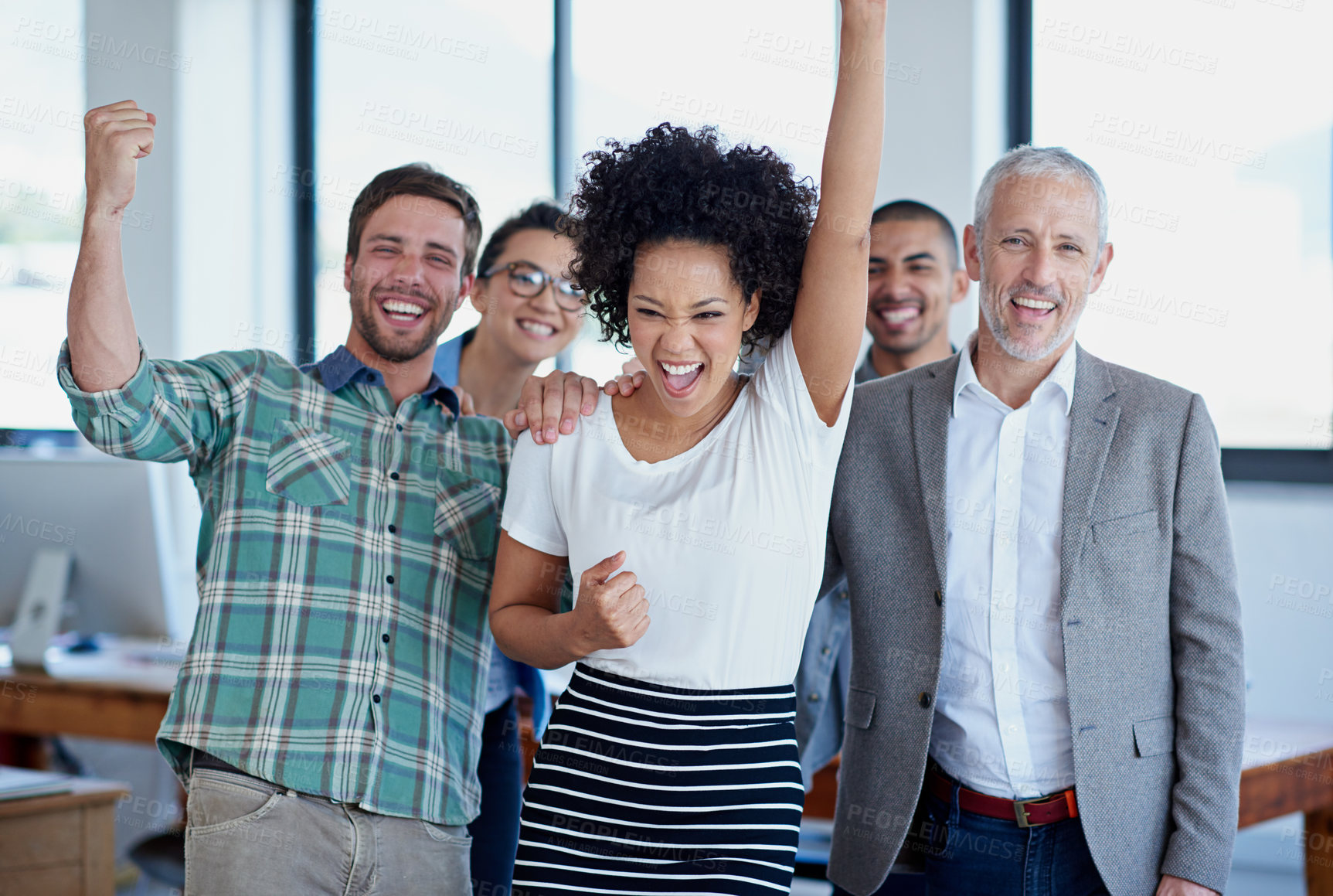 Buy stock photo Group, business people or victory with fist pump in office for win, collaboration or success with smile. Team, portrait or achievement with inclusion or support in company, staff with hands for yes