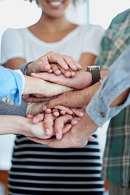 Buy stock photo Teamwork, business people or hands in stack with support or collaboration, diversity in workplace community. Group, together or motivation with solidarity at company for commitment, huddle for target