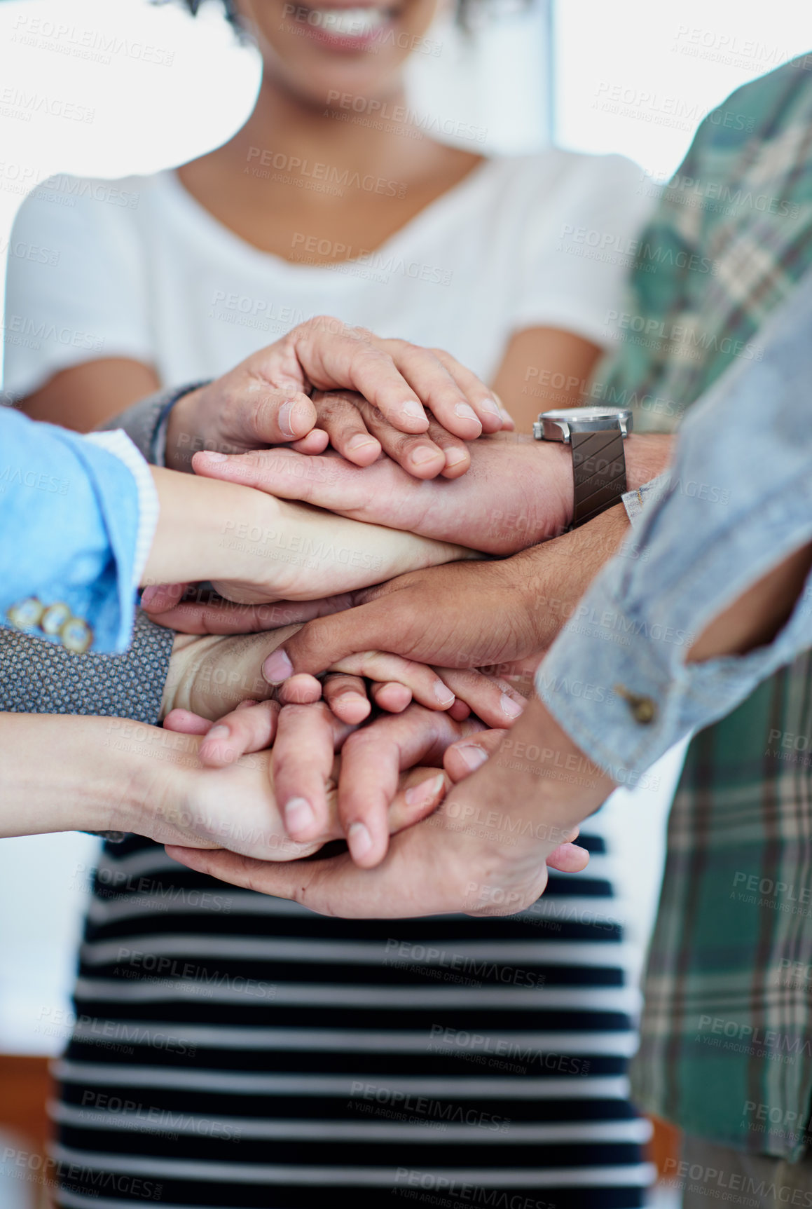 Buy stock photo Teamwork, business people or hands in stack with support or collaboration, diversity in workplace community. Group, together or motivation with solidarity at company for commitment, huddle for target