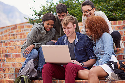 Buy stock photo Laptop, university students and group studying, teamwork and planning schedule, project ideas or collaboration. Happy diversity people, youth or friends on college campus steps for online education