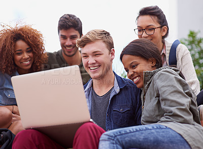 Buy stock photo Laptop, laughing and group of students outdoor on university e learning app, online class or remote studying. Happy diversity people, youth or friends on college campus, computer or digital education