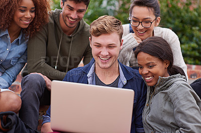 Buy stock photo Computer, laughing and group of students outdoor in university learning, teamwork and studying for scholarship. Happy diversity people, youth or friends on college campus, laptop and online education