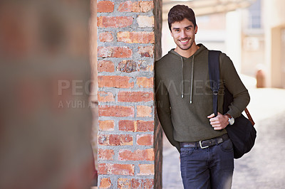 Buy stock photo Student, portrait and backpack for break from college, university or higher education class on campus. Person, happy and schoolbag on for adult learning, scholarship or studying career further 