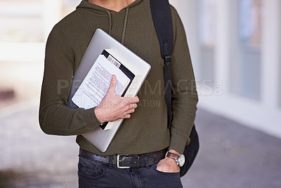 Buy stock photo College, book and student standing with laptop in hand for education, learning and literature study. Campus, scholarship and man with technology for knowledge, development and project at university