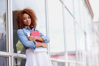 Buy stock photo Portrait, student and girl on campus, university and relax with education and knowledge. Face, person and college with notebook and outdoor with degree and studying on a break, academy or scholarship